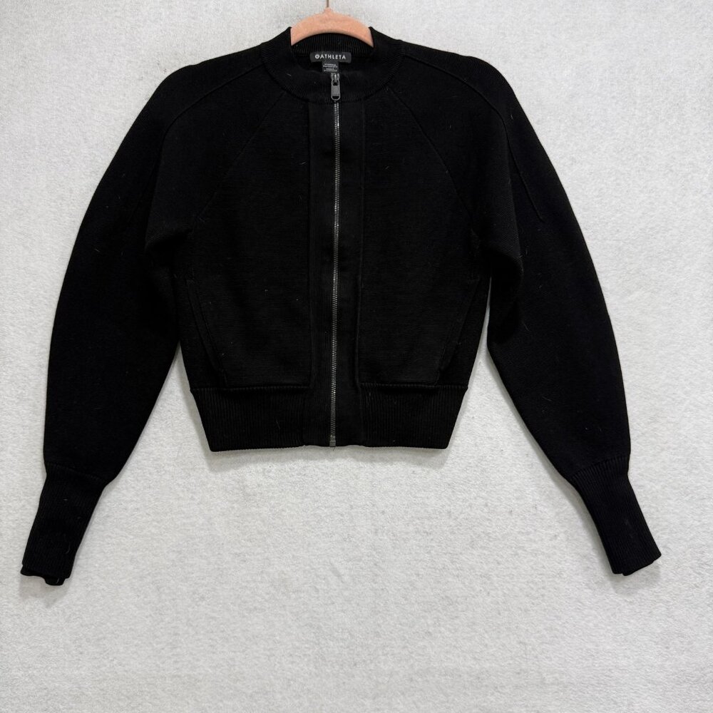 Athleta Sequoia Sweater Womens XXS Black Full Zip Bomber Knit Jacket Pockets